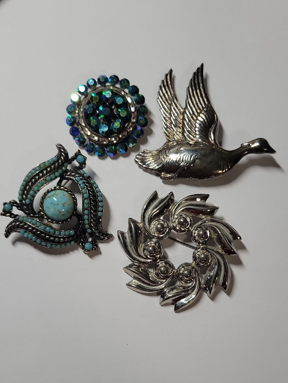 Vintage Silver-tone Bird & Turquoise Blue Brooch Set